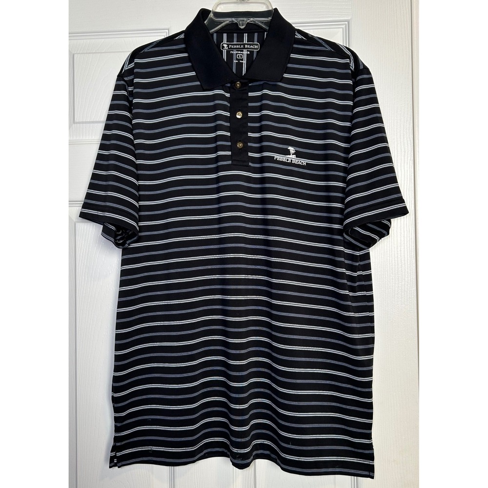 Pebble Beach Performance Polo Men's Large Black Striped Golf‎ Shirt Flawed